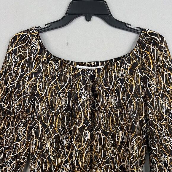 Diane von Furstenberg Blouse Womens 8 Black Gold White Silk Tie Waist Peasant - Picture 3 of 16